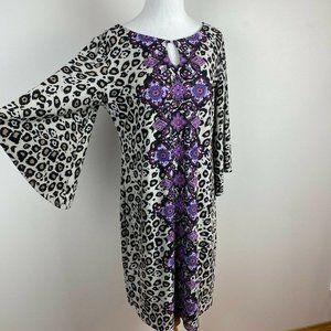 Dana Buchman Dress M Leopard Floral 3/4 Bell Sleeve Beige Tan Purple